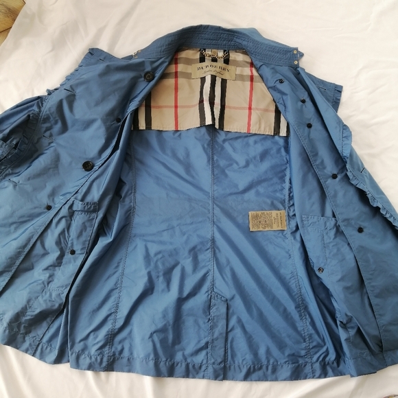 Burberry Double Breasted Blue Nylon Trench Coat Ruffle Trim Waist Belt US 12 - Picture 12 of 17